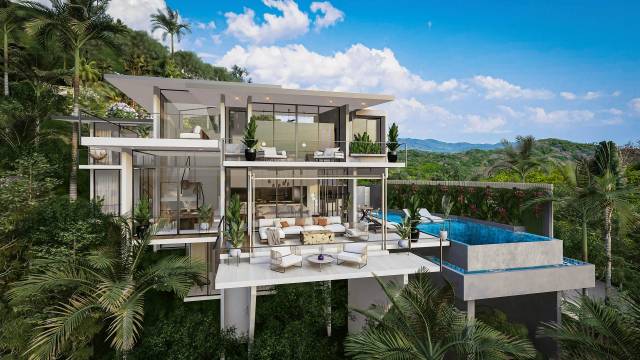 Villa neuve à vendre au Costa Rica, agrémentée d'une vue apaisante sur la mer et la nature.